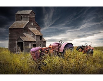 Grain Elevator with Abandoned Tractors on the Prairie, Great Americana Wall Decor Art, Fine Art Farming Agricultural Landscape Photograph