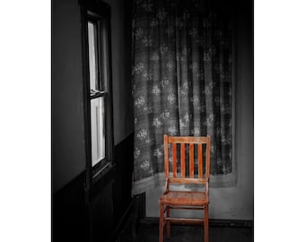 Classic Fine Art Selective Color Photograph of a Red Chair in a Black and White Room, Great Wall Decor Print, Black and White, Color Print