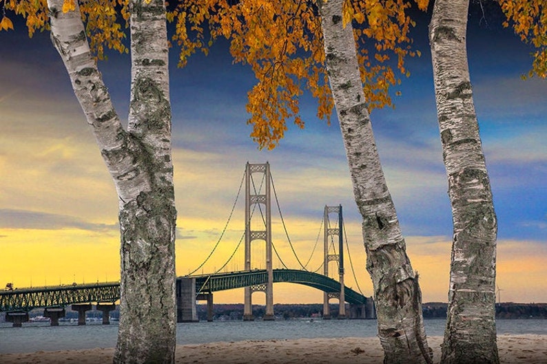 Mackinac Bridge, Straits of Mackinac, Mackinaw City, Lake Michigan, Lake Huron, Great Lakes, Big Mac, Upper Peninsula, Seascape Photograph image 1