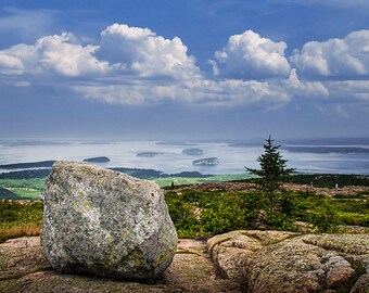 Cadillac Mountain, Acadia National Park, View of the Islands, Frenchman Bay, Mount Desert Island, Maine Travel Photography, Rock Boulder