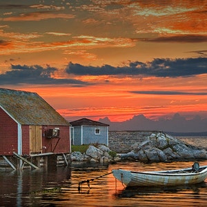 Peggy's Cove Harbor in Nova Scotia Canada, Last Light with Red Sunset, Fishing Harbor, near Halifax Canada Seascape, Boat Photography image 1