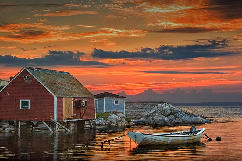 Peggy's Cove Harbor in Nova Scotia Canada, Last Light with Red Sunset, Fishing Harbor, near Halifax Canada Seascape, Boat Photography image 1