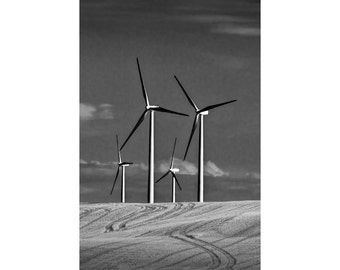 Field of Turbine Windmills, Windmill Energy, Canadian Landscape, Alberta Canada, Black and White, Fine Art Landscape, Windmill Photograph