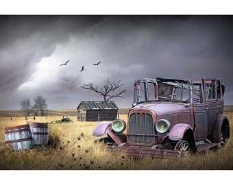 Abandoned Vintage Auto on the Prairie under Stormy Skies Wall Decor in an Americana Country Rustic Rural Landscape, Fine Art Photograph