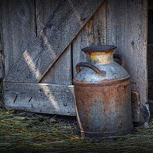 Vintage Milk Can Print, Milk Can Art, Creamery Can, Barn Door, Prairie Homestead, Badlands, South Dakota, Fine Art, Still Life Photograph