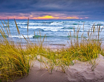 Beach Sunset, Sand Dune, Sunset, Lakeshore, Lake Michigan, Holland, Michigan, Waves, White caps, Fall, Autumn, Seascape, Nature Photograph