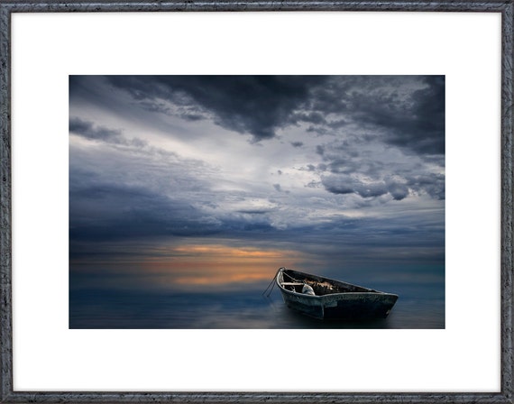 Row Boat-Morning Sunrise-fishing boat-Anchored-Stony Lake-Michigan-water reflections-Summer Cottage-Art-nautical-Seascape-Boat Photograph