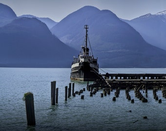 Shipping Freighter surrounded by Mountains in the Harbor at Squamish in British Columbia Canada No.0839 A Fine Art Boat Seascape Photograph