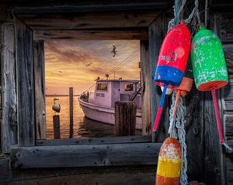 Fishing Buoys hanging by a Window overlooking Fishing Boat and Gulls in the Harbor No.0332 A Seascape Nautical Still Life Photograph