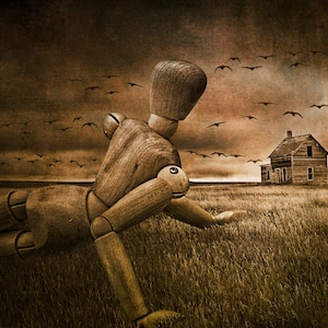 Christina's World Revisited, Wooden Artist Mannequin, Prairie Field, and Birds a Andrew Wyeth Tribute No.20345 A Surreal Fantasy Photograph image 1