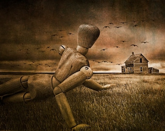 Christina's World Revisited, Wooden Artist Mannequin, Prairie Field, and Birds a Andrew Wyeth Tribute No.20345 A Surreal Fantasy Photograph