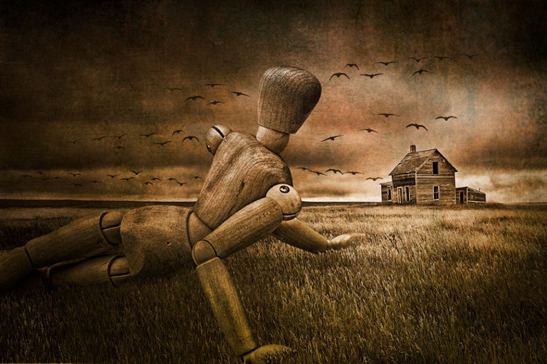 Christina's World Revisited, Wooden Artist Mannequin, Prairie Field, and Birds a Andrew Wyeth Tribute No.20345 A Surreal Fantasy Photograph image 1