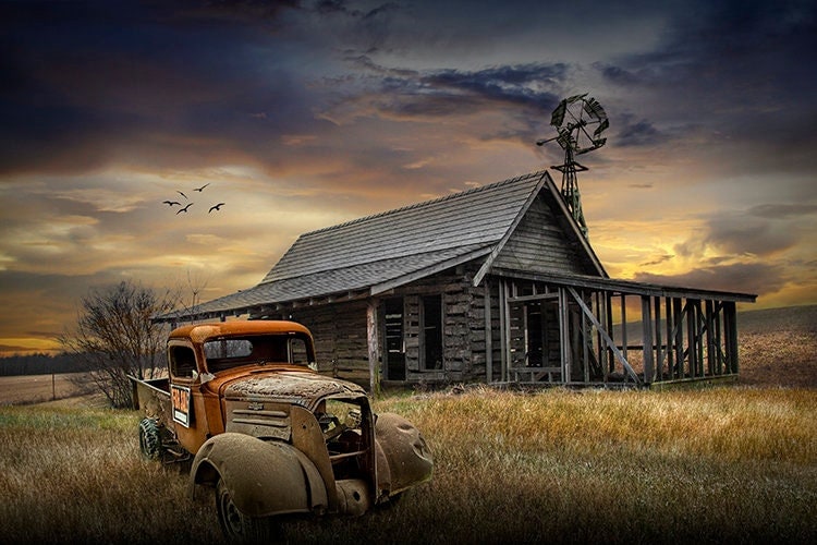 Rustic Americana Landscape Photo: Pickup Truck, Farmhouse