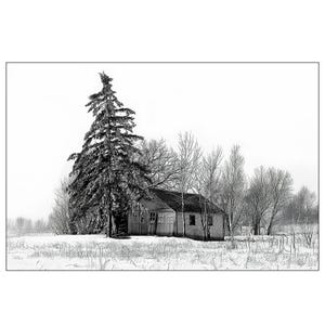 Rural Winter Landscape with Barn and Trees, a minimalist Black and White photograph, A Classic Black and White Fine Art Landscape Photograph