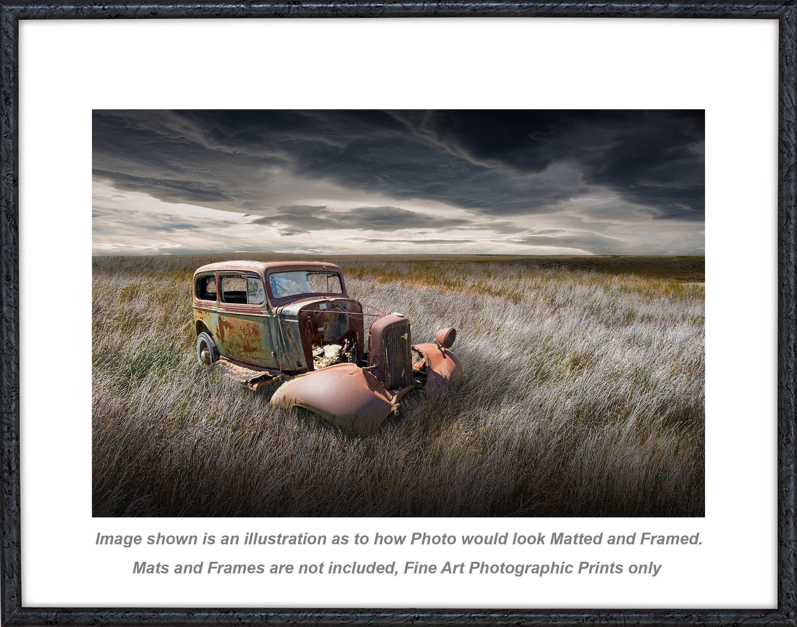 Rustic Americana Photograph: Abandoned Car on the Prairie - Black