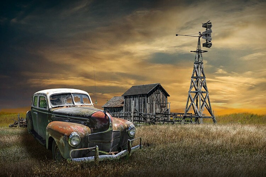 Vintage Car & Rustic Windmill Photo: Prairie Farm Landscape Art - Etsy