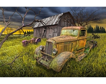 Abandoned Farm with Red Truck and Old Wooden Barn, Americana Farm Scene in Rustic Sunset Landscape, Rural Landscape, Auto Photograph