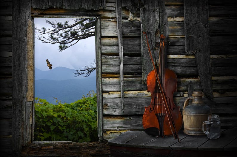 Rustic Fiddle Violin and Mountain Landscape Print: Rustic Fiddle Still Life - Etsy