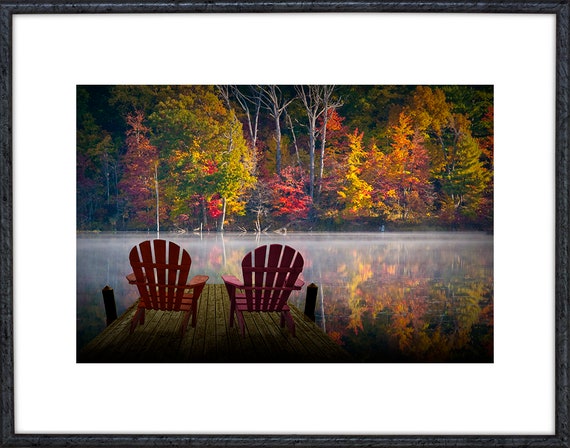 Adirondack Chairs by a Small Lake on a Boat Dock in Autumn With