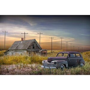 Abandoned Automobile by row of Utility Poles with Abandoned Farm House, Old Forlorn Homestead with Rusted Car, Rural Landscape, Auto Photo