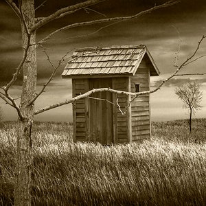 Vintage Red Outhouse Photograph: Southwest Michigan Rural Landscape Wall Art Sepia Tone