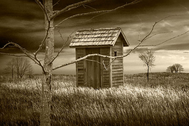 Vintage Red Outhouse Photograph: Southwest Michigan Rural Landscape Wall Art Sepia Tone
