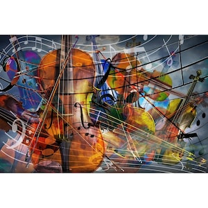 Violin Musical Wall Decor Art with Music Notes, Violin Cello Abstract Art, Classical String Instrument Music Art, Canvas and Metal Prints