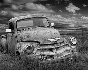 Chevy Pickup, Vintage Truck, Abandoned Truck, Black and White, Sepia Tone, North Dakota Prairie, Auto Landscape, Fine Art Photography, Print