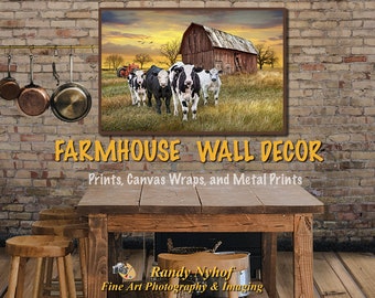 Rustic Farmhouse Wall Decor, Cattle with Barn and Tractor, Agricultural Dairy Farm Photograph, Michigan Cow Pasture Landscape, Canvas Wraps