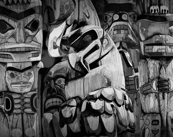 Totem Poles in Stanley Park Composite in Vancouver British Columbia Canada No.06BW a Black & White Fine Art Pacific Northwest Photograph