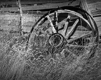 Wagon Wheel Photo, Old Broken Farm Wagon, Wooden Wheel, Prairie Homestead, South Dakota, Black and White, Landscape Photograph, Wall Decor