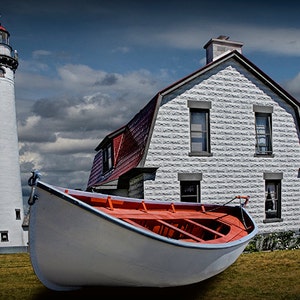 New Presque Isle Light Station with White Boat in Northern Michigan near Grand Lake on Lake Huron No.0389 Lighthouse Seascape Photography image 1