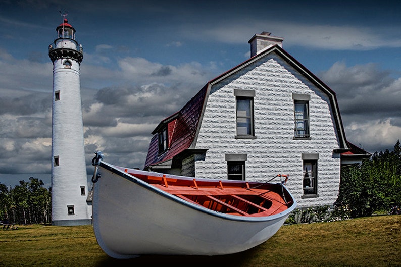 New Presque Isle Light Station with White Boat in Northern Michigan near Grand Lake on Lake Huron No.0389 Lighthouse Seascape Photography image 1