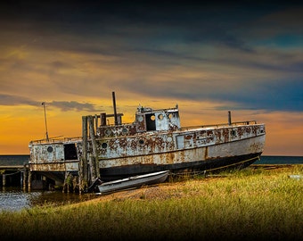 Abandoned Fishing Boat, Lake Superior Sunset, Whitefish Point, Michigan Upper Peninsula, Michigan Seascape, Nautical Photograph, Wall Decor