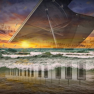 Surrealist Seascape Print: Piano Keys, Sunset Ocean Waves