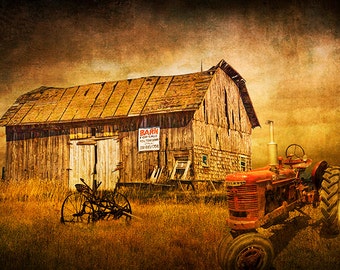Old Farmall Tractor by a Wooden Barn for Sale in the country in the Upper Peninsula in Michigan No.09763 - A Fine Art Landscape Photograph