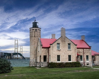 Old Mackinac Point Lighthouse, Mackinac Bridge, Straits of Mackinac, Mackinaw City, Lake Michigan, Lake Huron, Michigan Seascape, Wall Decor