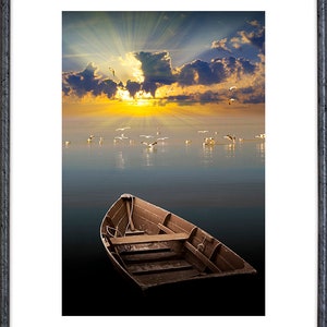 Morning Has Broken Like The First Morning, Wooden Row Boat, Morning Sunrise, Lake Gulls, Calm Water, Sun Burst, Light Beams, Boat Photograph image 2