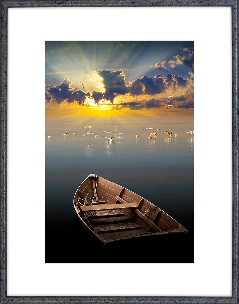 Morning Has Broken Like The First Morning, Wooden Row Boat, Morning Sunrise, Lake Gulls, Calm Water, Sun Burst, Light Beams, Boat Photograph image 2