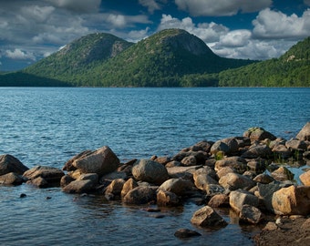 Jordan Pond, The Bubbles, Mount Desert Island, Acadia National Park, Shore Rocks, Maine Landscape, Maine Photography, Lake Fine Art