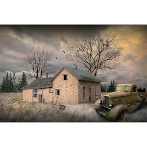 Abandoned Truck and Old House in Americana Farm Scene, Rural Rustic Landscape, Home Wall Decor, Auto Photograph, Sepia and B&W available