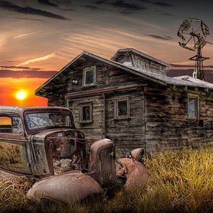 Abandoned Auto, Rustic Farm Wall Decor, Old Vintage Car, Farm Windmill, Rustic Barn, Farm Scene Sunset, Rural Landscape, Fine Art Photograph