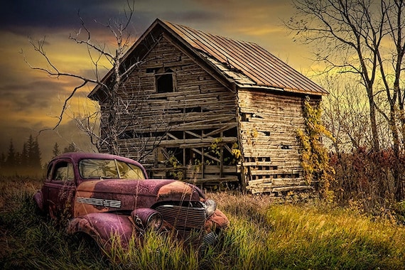 SALE!! アントステラ ANTIQUE BARN フレーム付きアート Americana Farm Scene Photograph: Rusty Red Car, Weathered Barn