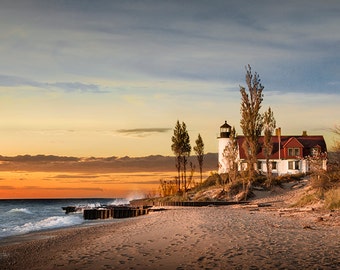 Michigan Lighthouse, Point Betsie Lighthouse, Michigan Sunset, Lake Michigan, Frankfort Michigan, Lighthouse Fine Art, Seascape Photograph