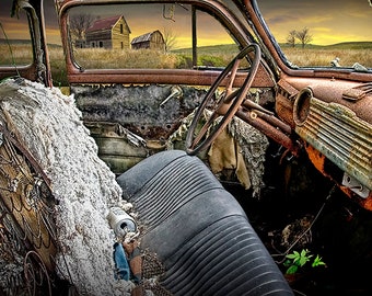 Ragged Weathered Automobile Interior of Abandoned Car on a Prairie Farm, Rustic Wall Home Decor Art, Car Landscape Photograph, Canvas Wraps