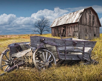 Rustic Farm Landscape Photograph: Broken Down Wagon, Old Barn - Americana Art