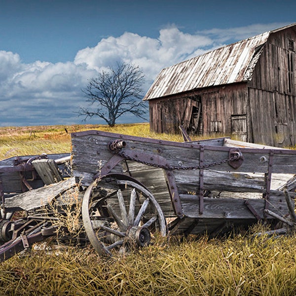 Broken Down Wagon, Abandoned Farm, Americana Art, Rustic Landscape, Old Wooden Barn, Fine Art Landscape, Agricultural Photograph, Wall Decor