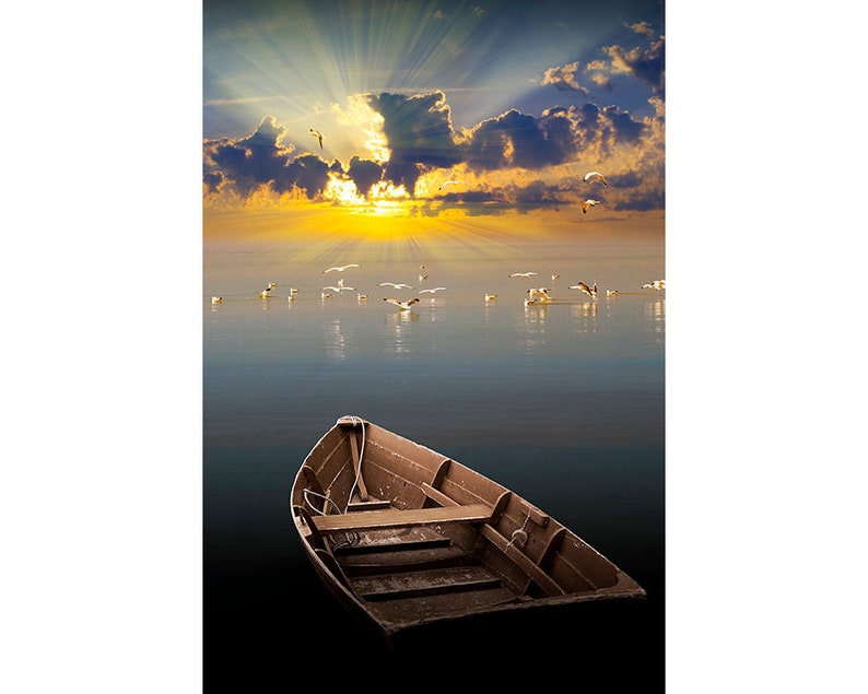 Morning Has Broken Like The First Morning, Wooden Row Boat, Morning Sunrise, Lake Gulls, Calm Water, Sun Burst, Light Beams, Boat Photograph image 1