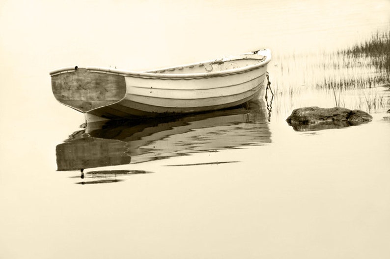 Row Boat, Wooden Boat, White Maine Dory, Foggy Morning, Mt. Desert Narrows, Mount Desert Island, Nautical Seascape, Maine Photograph image 8