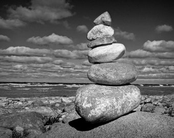 Cairn pile of stones stacked at North Point on Leelanau Peninsula in Michigan No.0325BW A Black & White Fine Art Seascape Photograph
